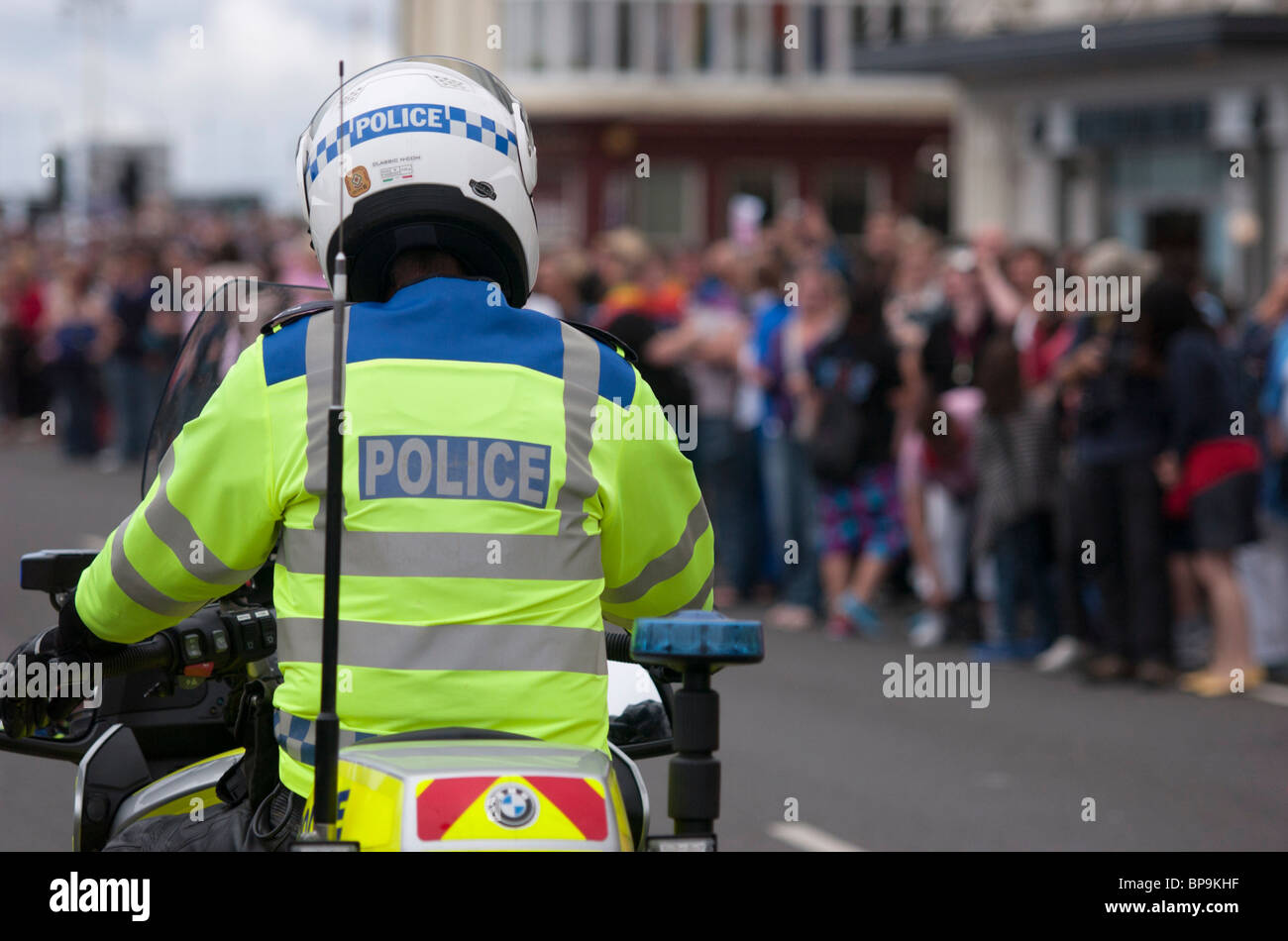 Brighton, England - 7th August 2010. A Police motorcyclist heads up the start of the parade at Brighton Pride. Stock Photo