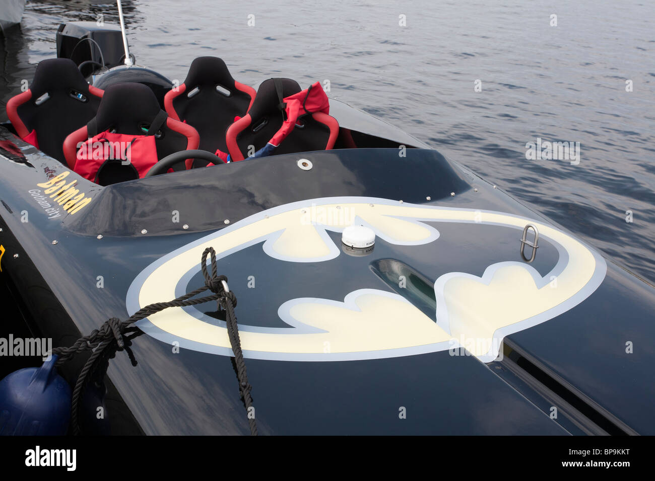 Black boat with Batman logo Stock Photo