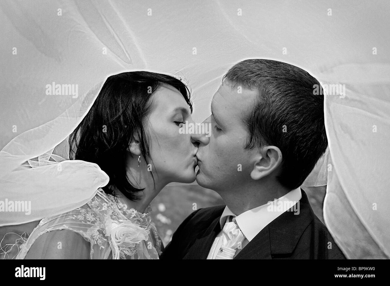 black and white photo of the bride and groom kissing under the veil Stock Photo