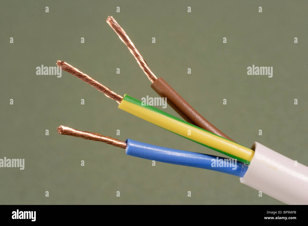 electrical cable twin core and earth blue brown and yellow Stock Photo -  Alamy