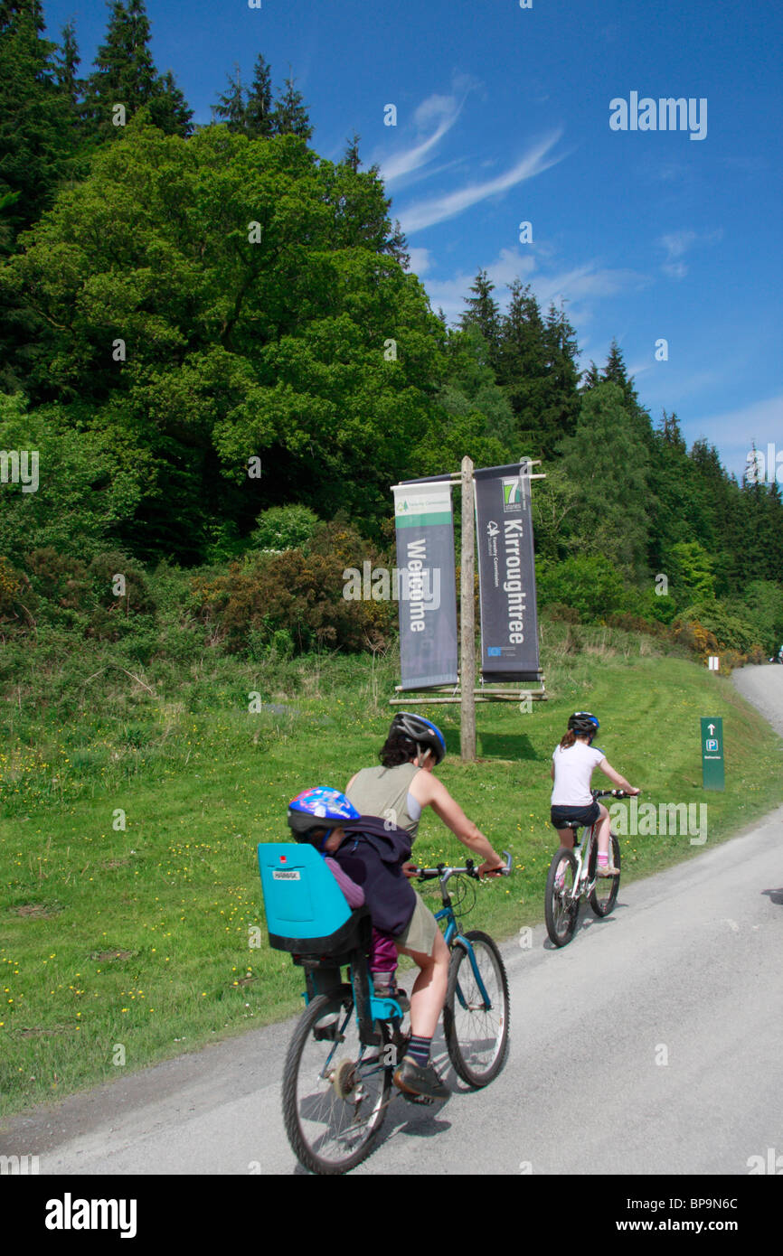 Cyclists in Galloway Forest Park at Kirroughtree Visitor Centre near Newton Stewart in Scotland. Stock Photo