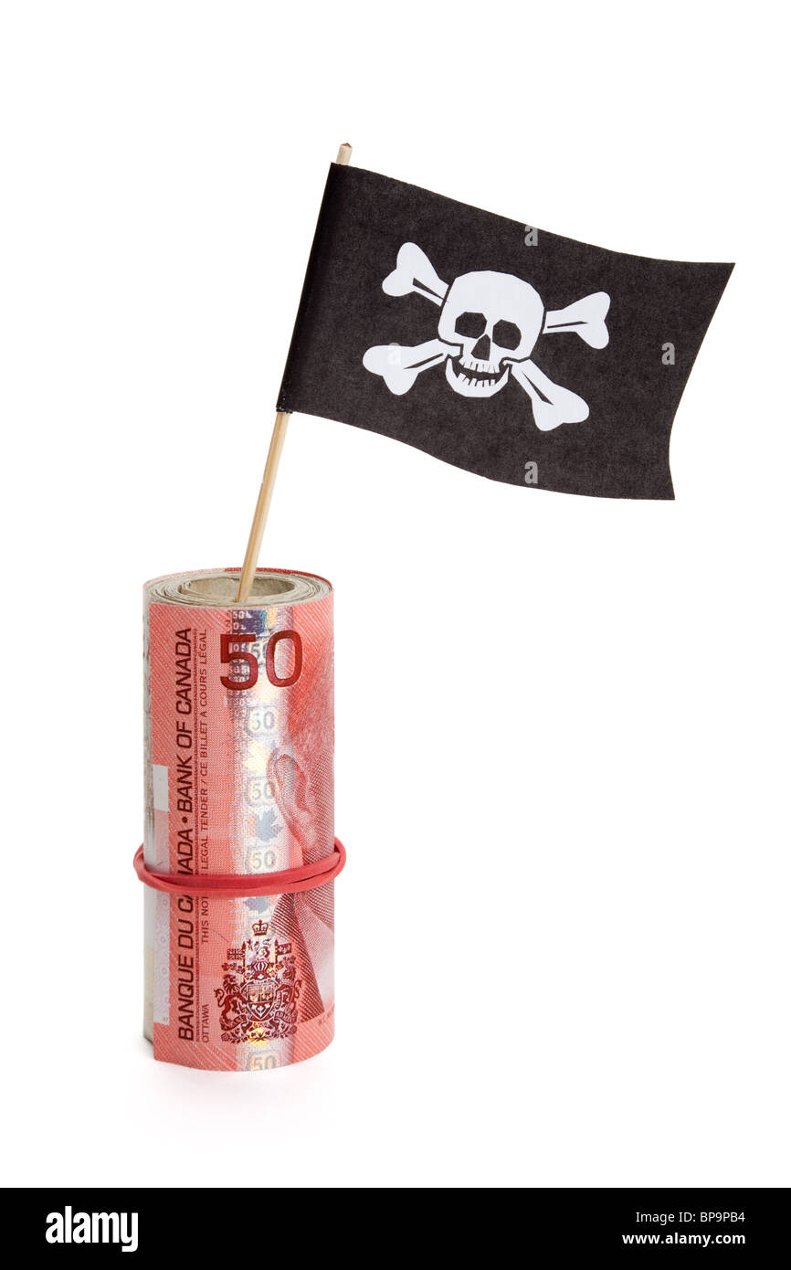 Pirate Flag and Canadian Dollar, concept of business crime Stock Photo
