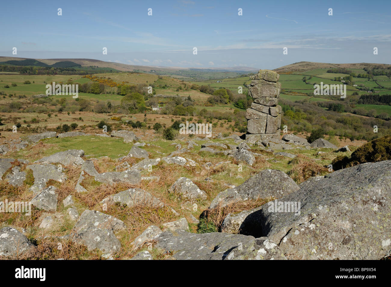 Bowerman's Nose, a stack of weathered granite, overlooking part of Dartmoor. Stock Photo