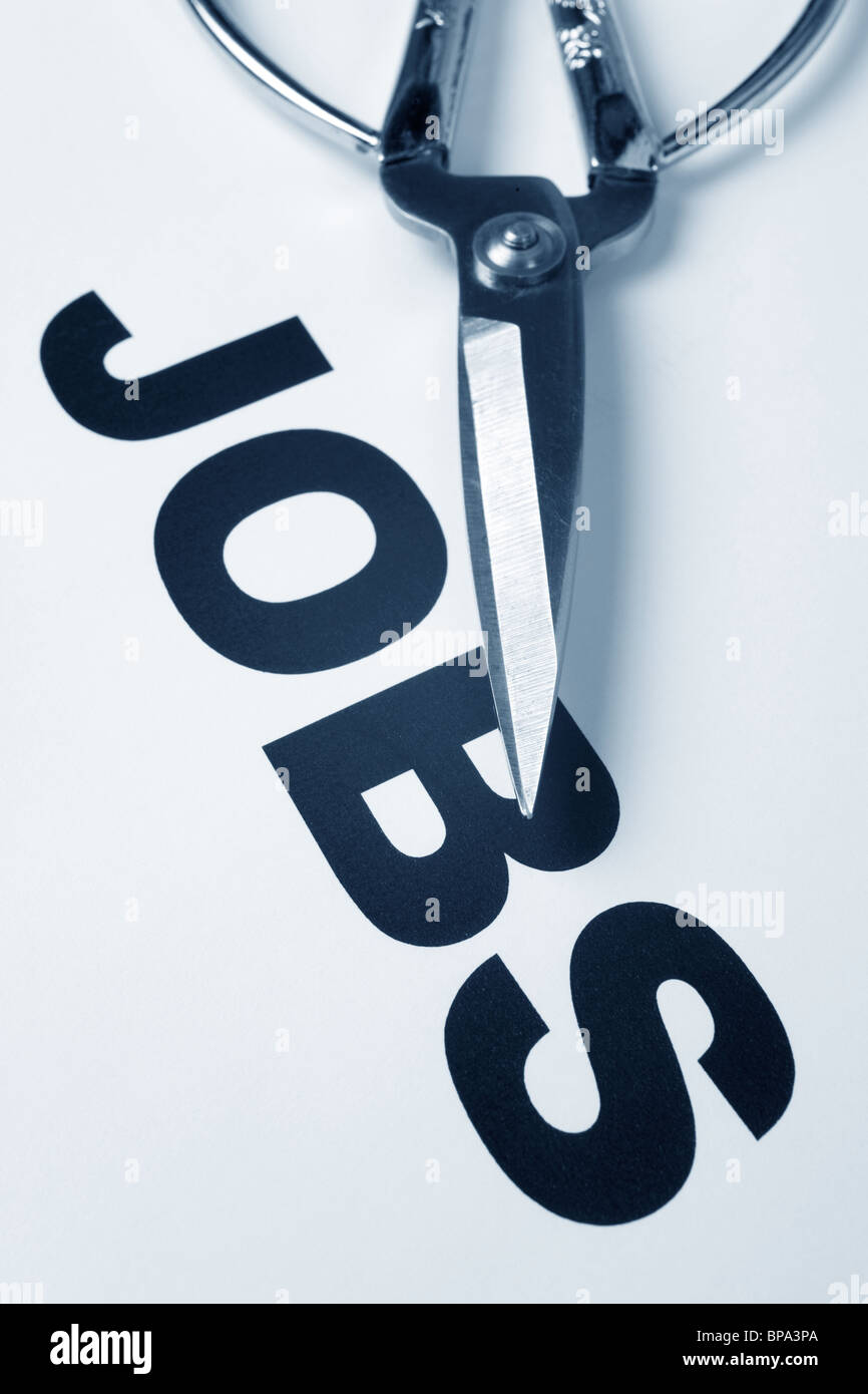 Word of job and scissors, concept of Jobs Cut Stock Photo
