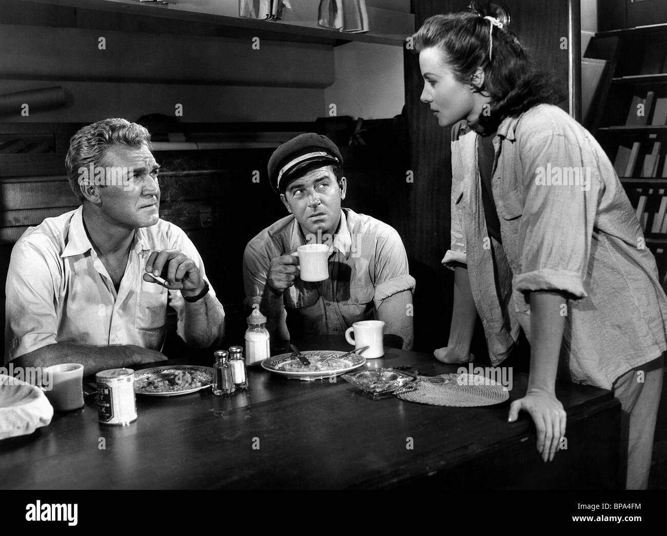 FORREST TUCKER, JOHN PAYNE, RHONDA FLEMING, CROSSWINDS, 1951 Stock Photo