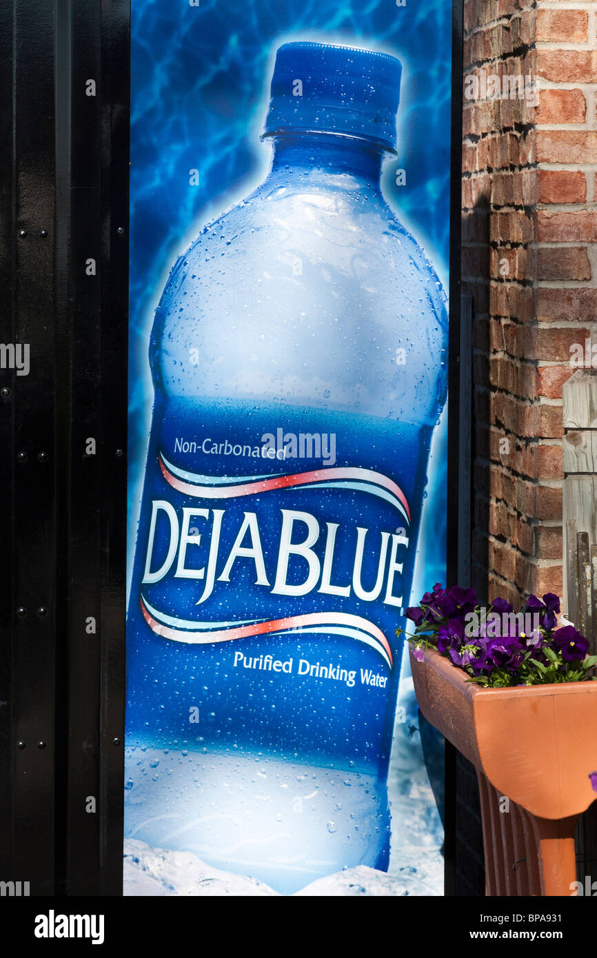 Deja Blue vending machine soft drink outdoor in a city street close up nobody none front view vertical hi-res in USA US background nobody none hi-res Stock Photo