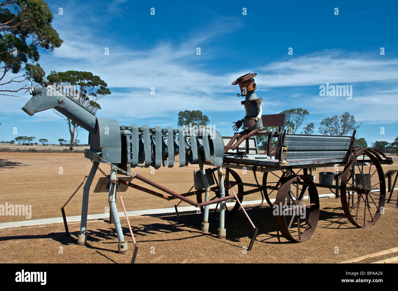 Horse drive and cart installation art from metal car parts Hyden Western Australia Stock Photo
