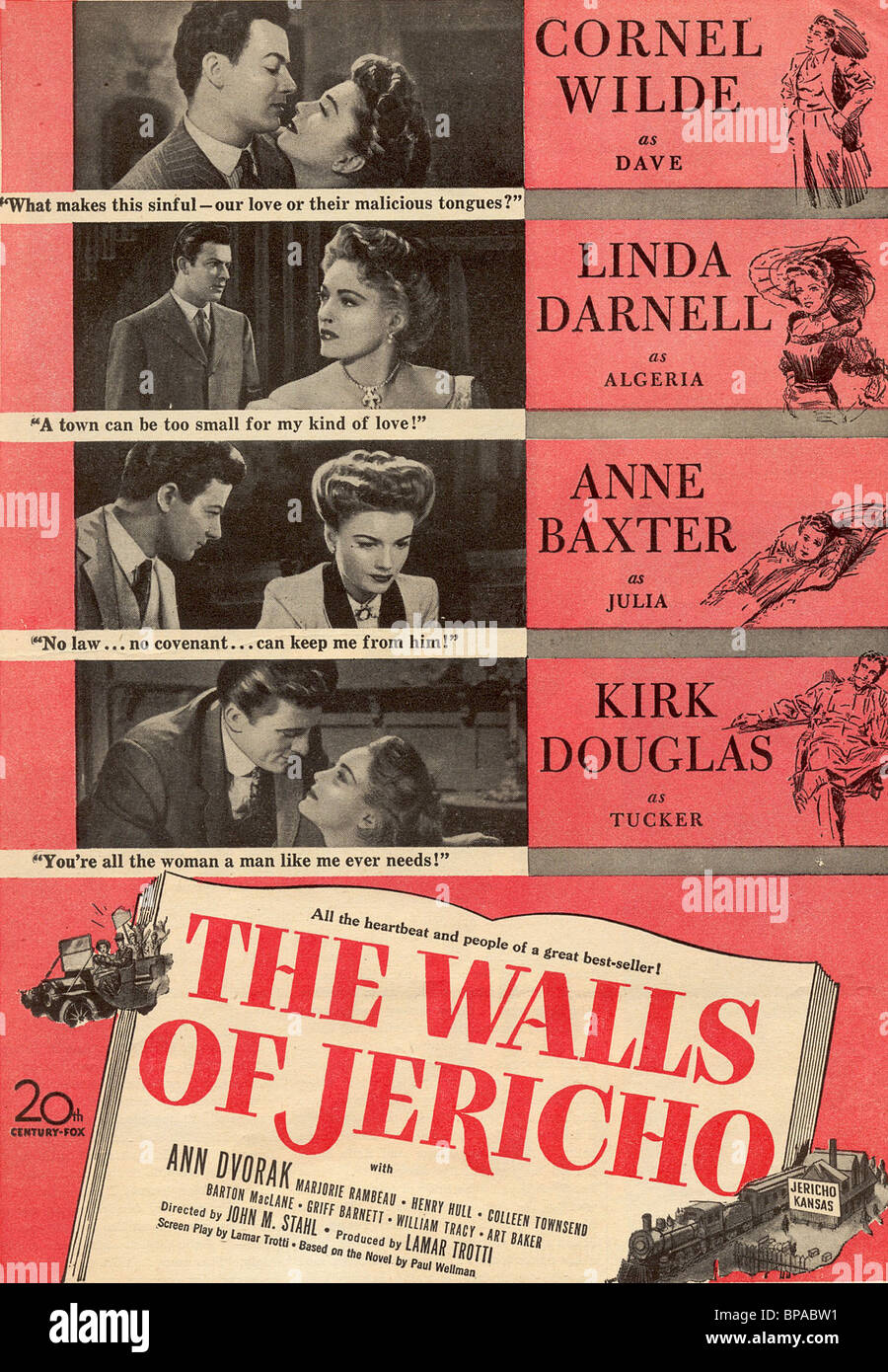 CORNEL WILDE, LINDA DARNELL, ANNE BAXTER, KIRK DOUGLAS FILM POSTER, THE WALLS OF JERICHO, 1948 Stock Photo