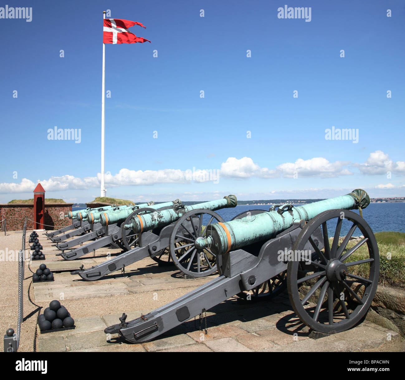 Flag Battalion on the castle Kronborg, Elsinore, Denmark. Cannons pointing towards the Oresund (the Sound) - and Sweden Stock Photo