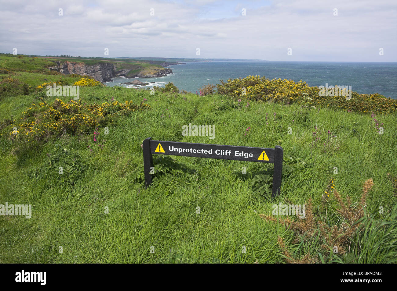 Dangerous clifftop sign on old red sandstone cliffs at Fowlsheugh RSPB