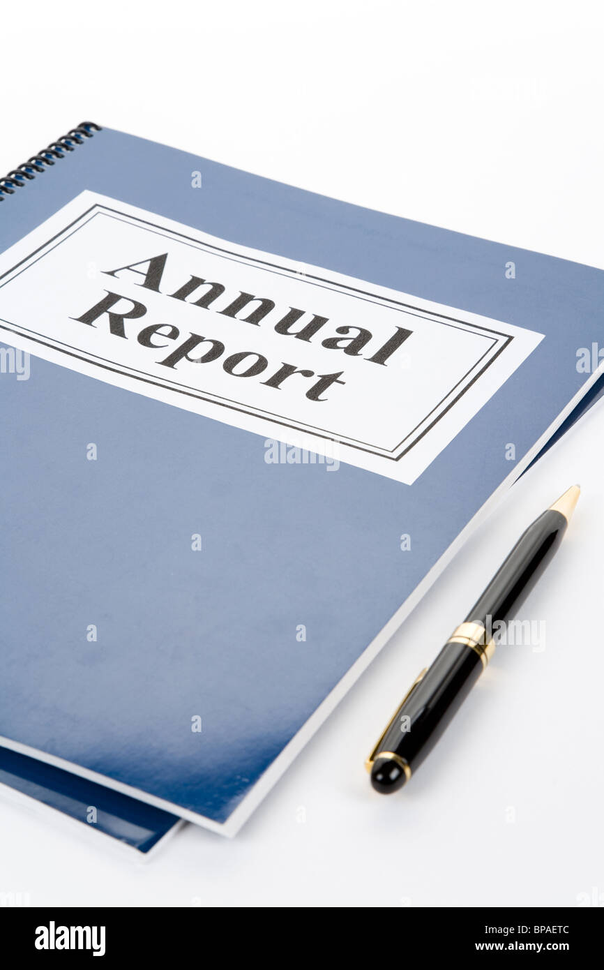 Business Annual Report and pen with white background Stock Photo