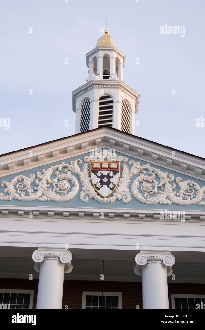 Looking up at the Harvard Veritas crest above the entrance to Baker Library at the Harvard Business School Stock Photo