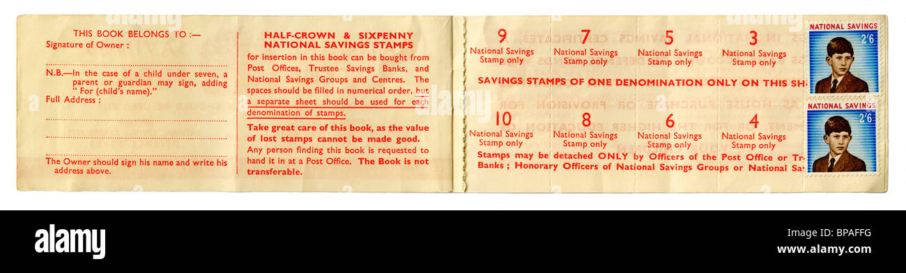 Inside of National Savings Stamp Book, UK, c. 1960, with stamps featuring Prince Charles Stock Photo