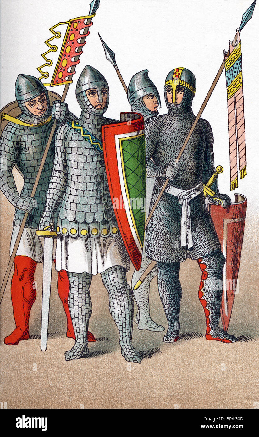 The figures shown here represent German warriors around A.D. 1100. The illustration dates to 1882. Stock Photo
