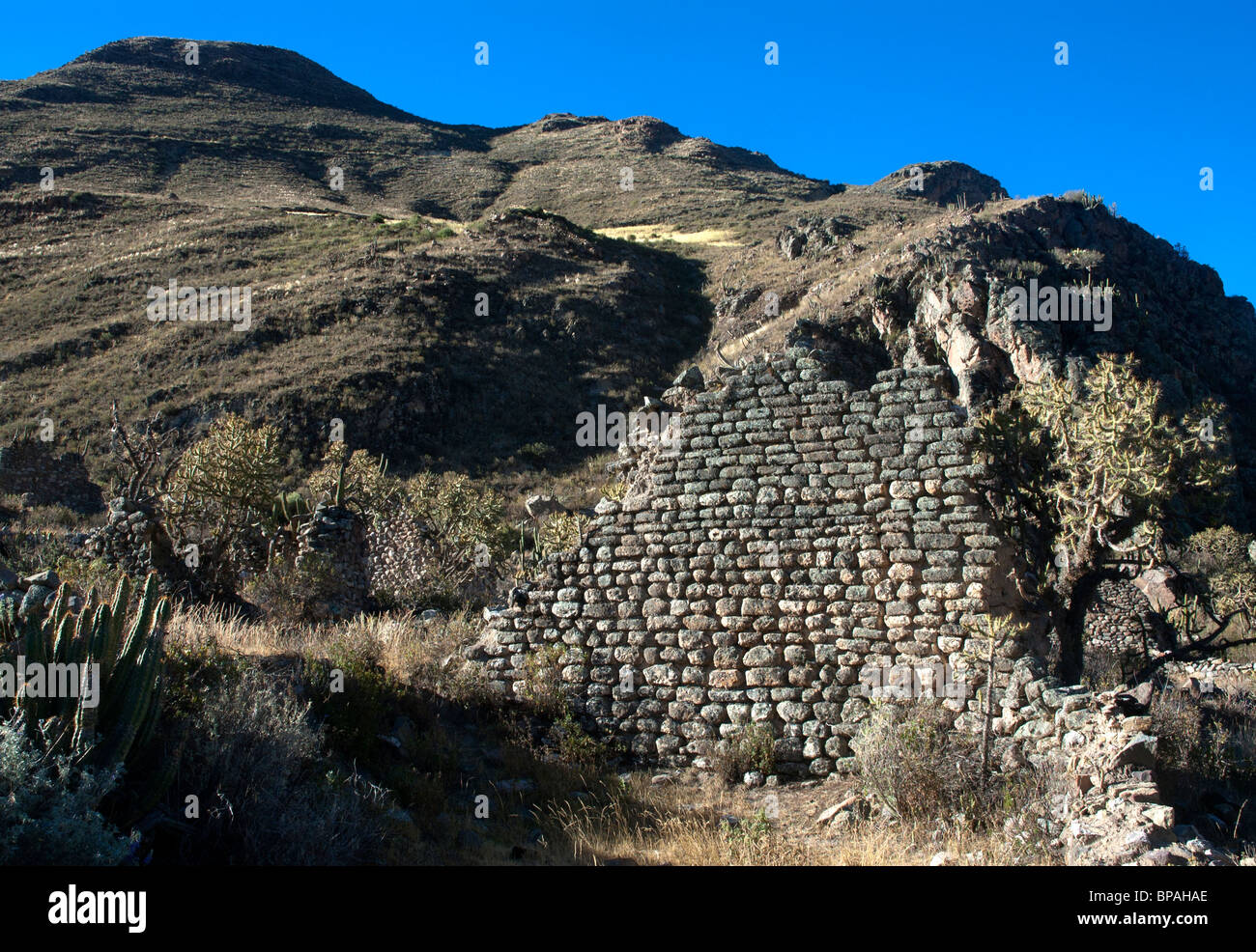 Pre Inca ruins of the town of Uyo Uyo, near Chivay, Colca Canyon area, Peru. Stock Photo