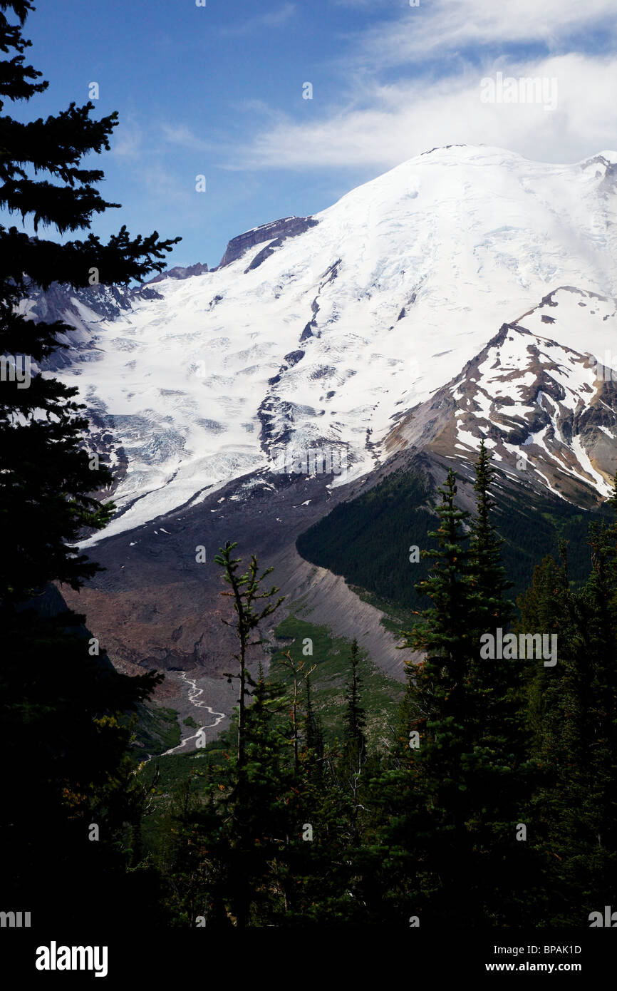 Mount Rainier, Emmons Glacier and White River. Mt. Rainier National Park, Washington. Stock Photo