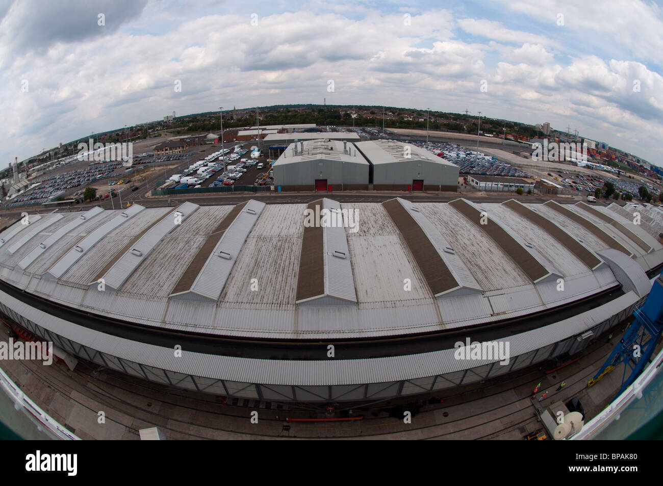 A fisheye photograph of the cruise ship terminal buildings at the port