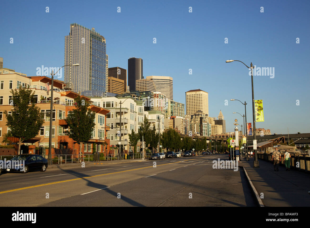 Downtown Seattle from Alaskan Way and waterfront Stock Photo Alamy