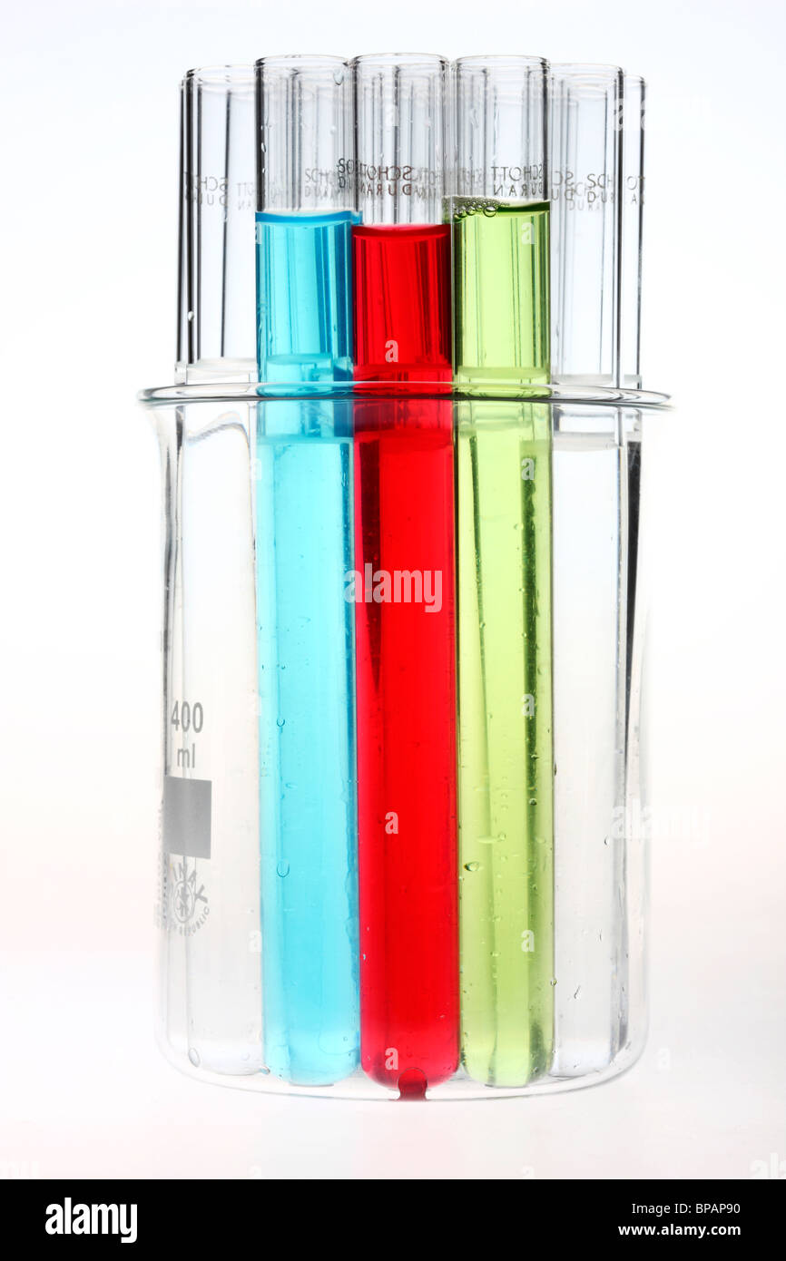 Chemicals in test-tubes. Liquid chemicals in a chemical laboratory. Stock Photo