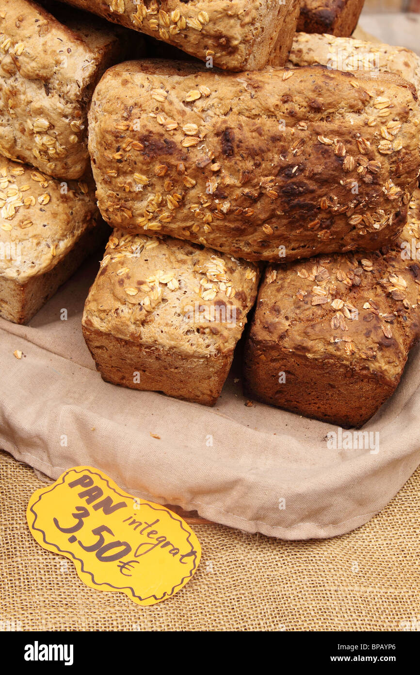 Mallorca Majorca wholemeal bread loaf known locally as Pan Integral on sale at market in Santanyi Spain Stock Photo