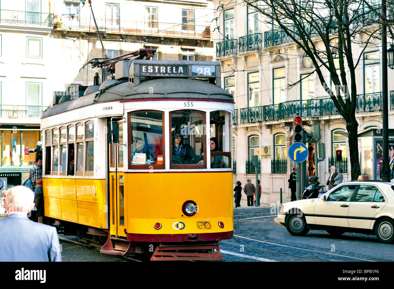 Portugal: Historical Tram in Lisbons downtown Stock Photo