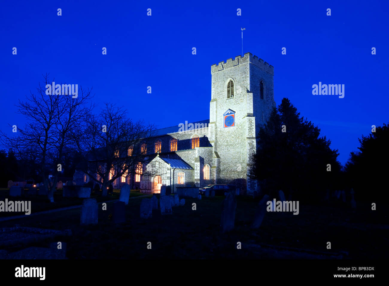 Church of Saint Catherine at Ludham illuminated at night in Norfolk Stock Photo