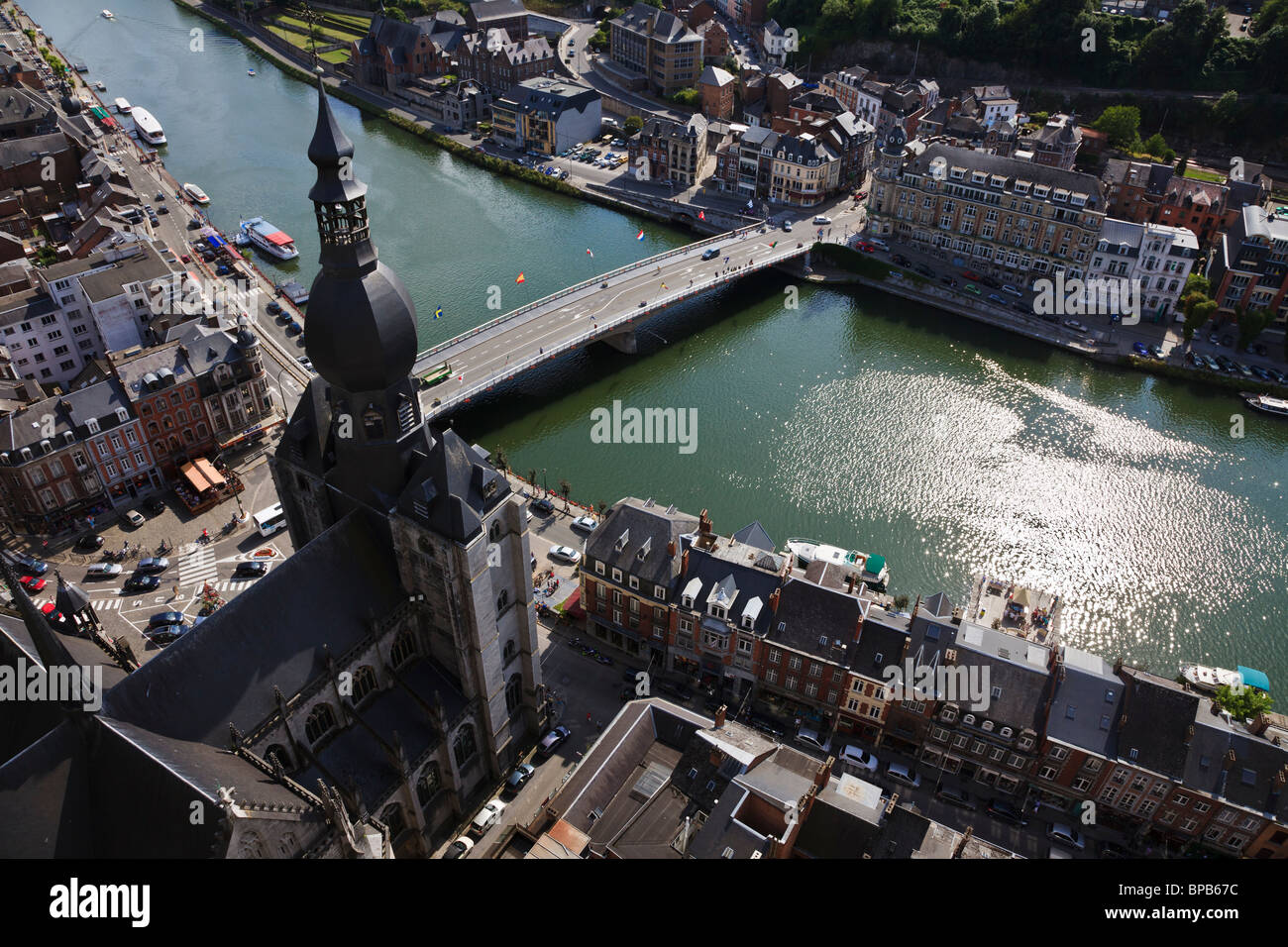 View from the Citadel above Dinant to the cathedral and River Meuse, Wallonia, Belgium. Stock Photo
