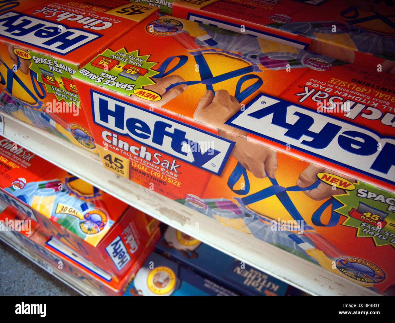 Boxes of Hefty trash bags are seen on a supermarket shelf in New York Stock Photo