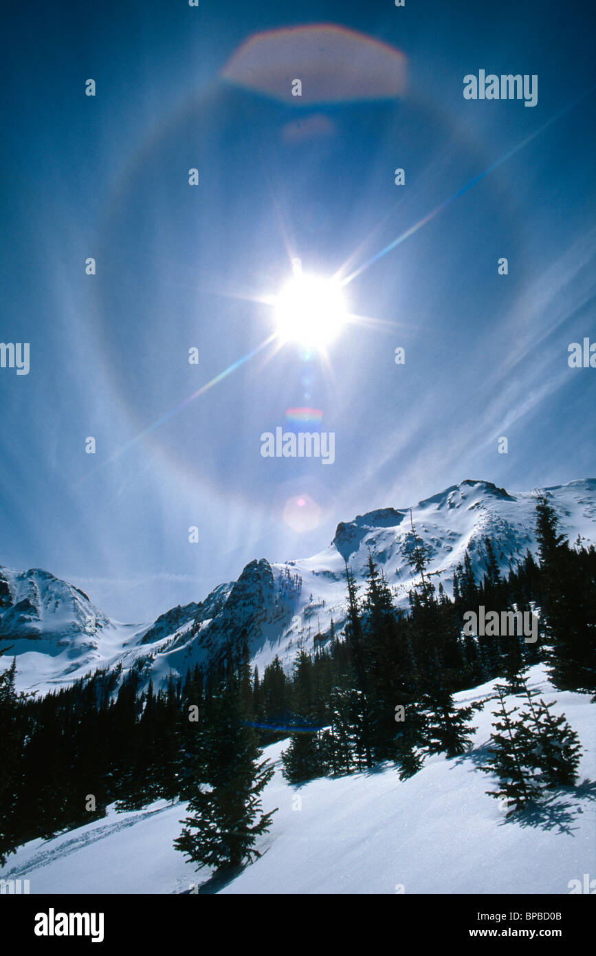 Sundog and lens flare over the Never Summer mountains in Colorado, USA. Stock Photo