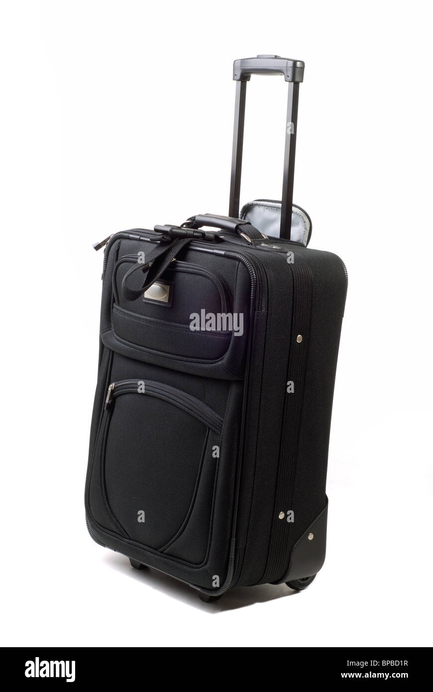Black Pull Along Bag On Wheels With Extending Handle, Carry On Luggage For Air Travel Stock Photo