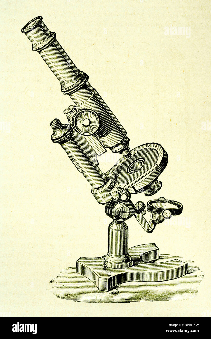 Old microscope. Antique illustration. 1889. Stock Photo