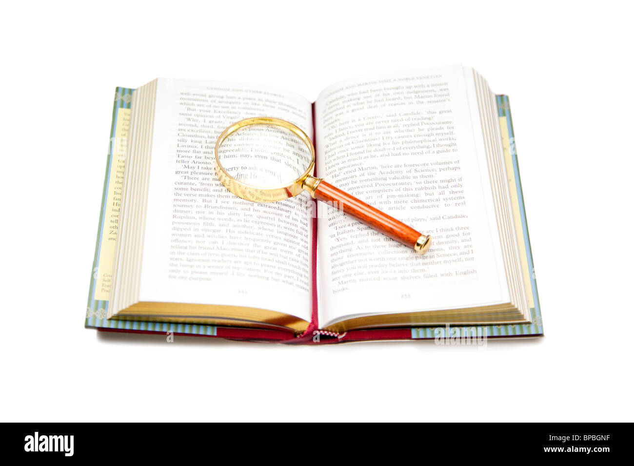 Open book with magnifying glass isolated on white Stock Photo Alamy