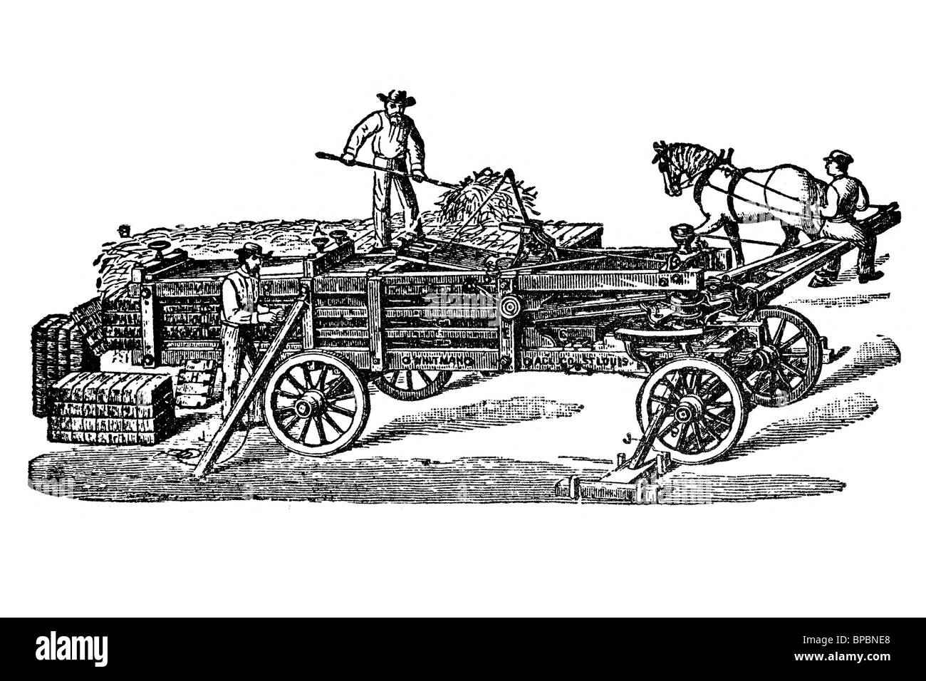 Old hay baler. Machine moved by animal traction. Antique illustration. 1900. Stock Photo