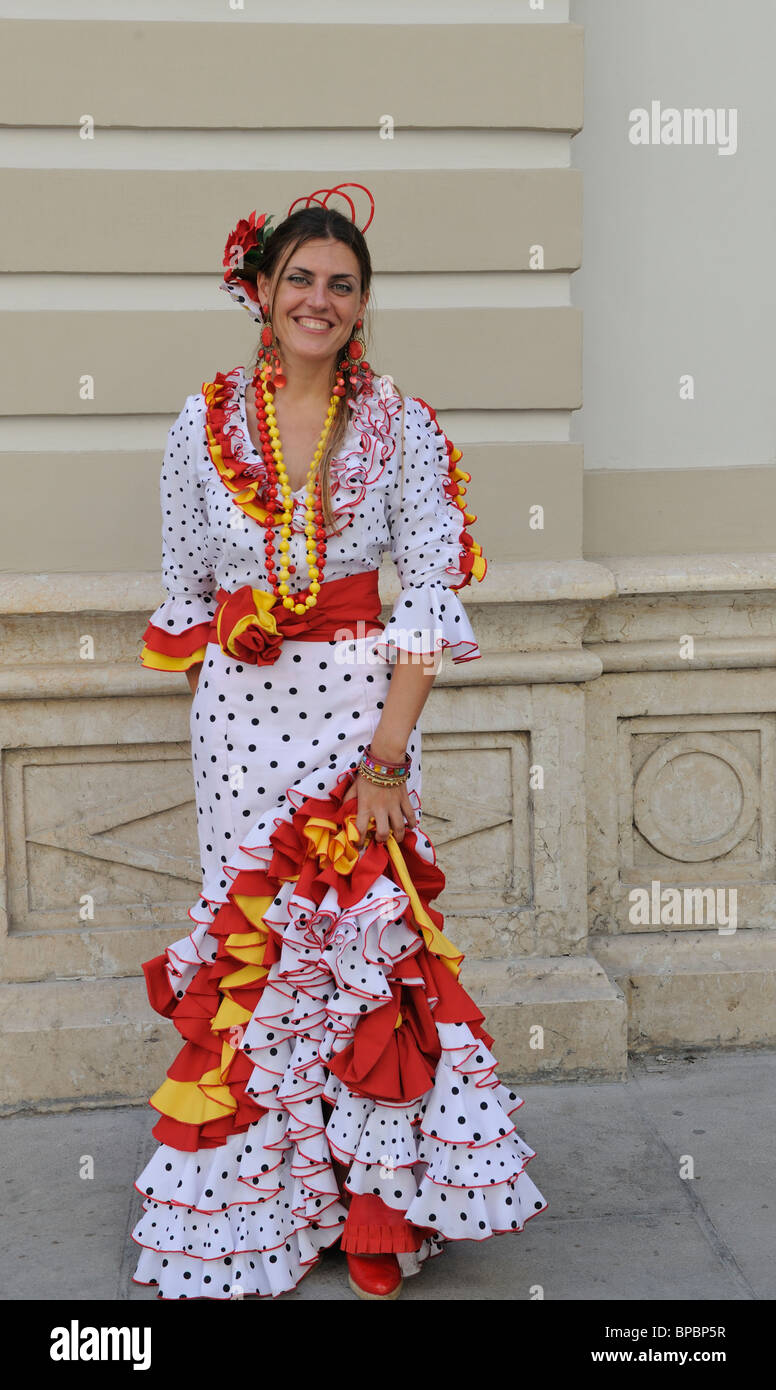 Lady in traditional Spanish dress Malaga Malaga Feria Malaga fair  Spain Spanish fiesta Stock Photo