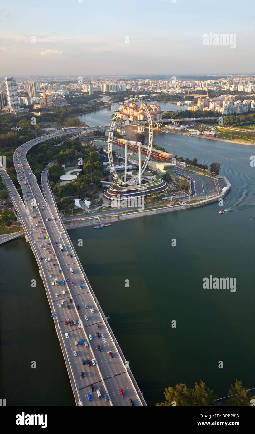 aerial view of traffic on East Coast Parkway and Singapore Flyer Stock Photo