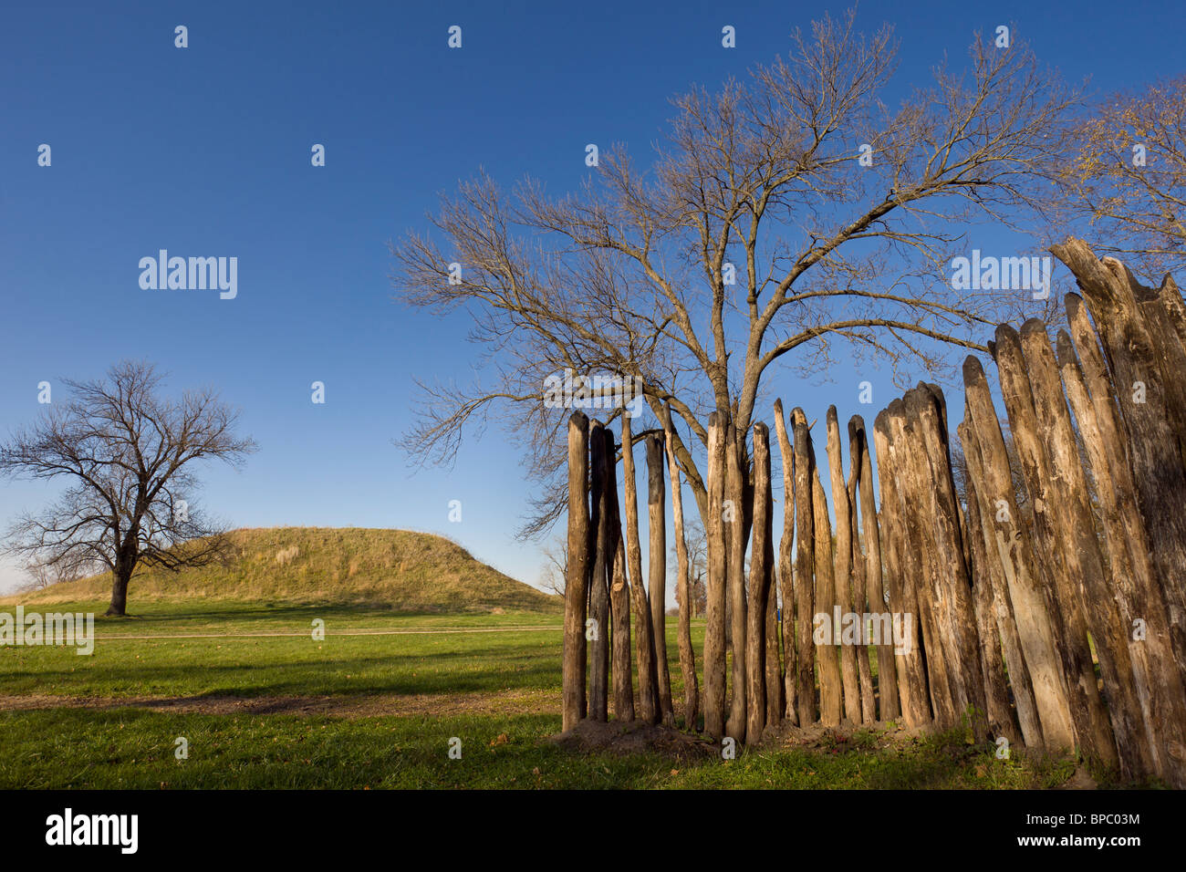 Wooden Stockade and Fox Mound or Mound 60, at Cahokia Mounds State Historic Site in Collinsville, Illinois. Stock Photo