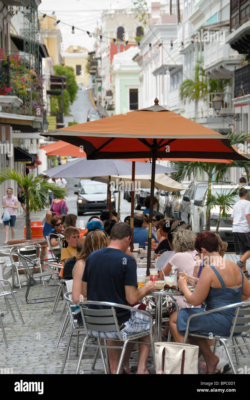 Open air Cafe on Santo Cristo St. near Cristo Chapel, Old San Juan, Puerto Rico Stock Photo