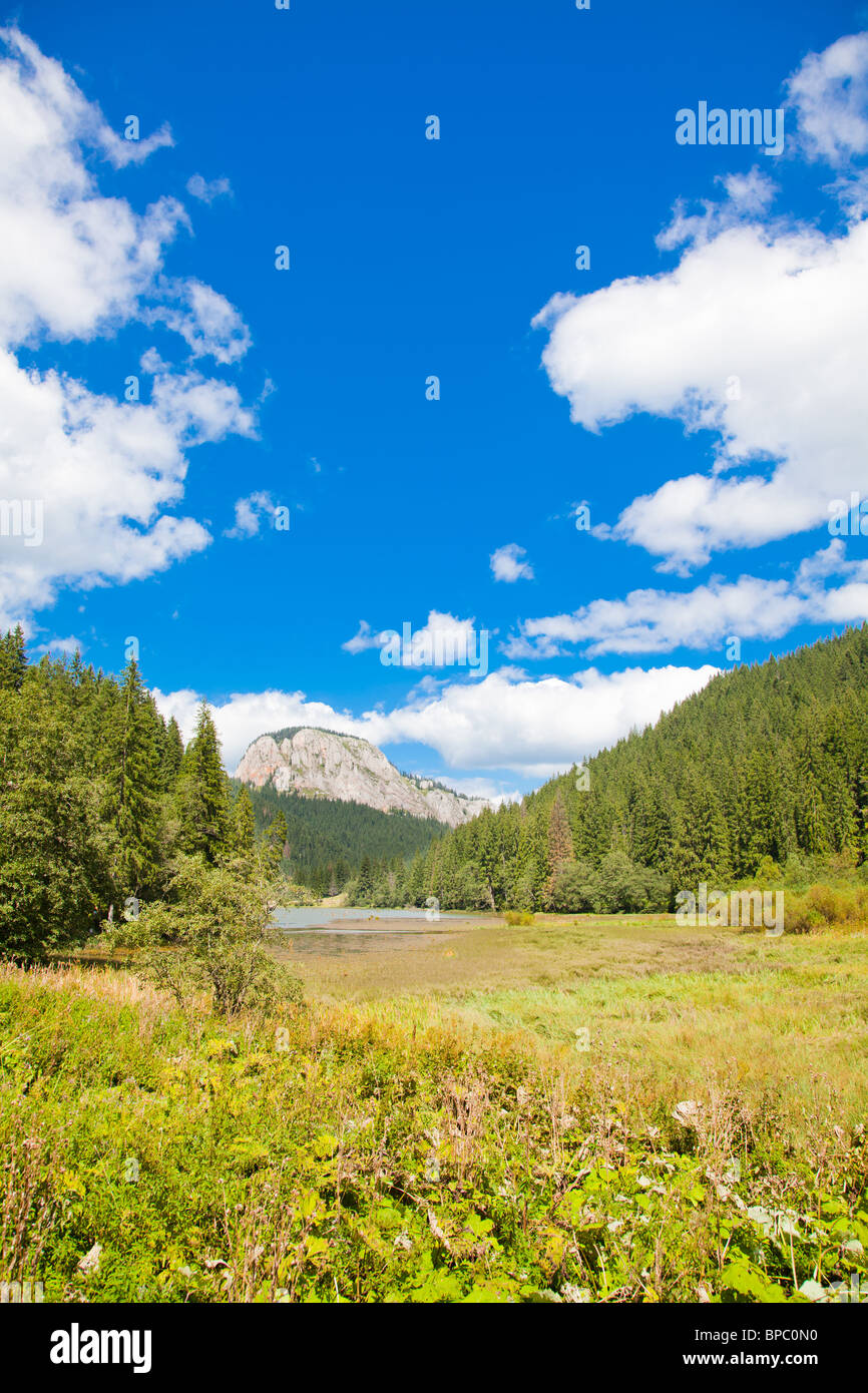 Landscape of the back of the Red Lake and Hasmas Mountains in Romania in summer. Stock Photo