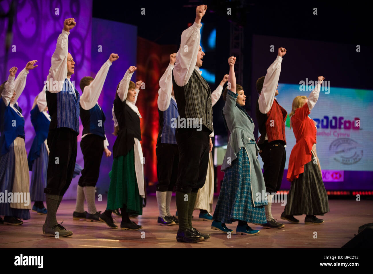 Folk Dancing Group Performing On Stage In Competition At The National Eisteddfod Of Wales Annual Cultural Festival Stock Photo Alamy