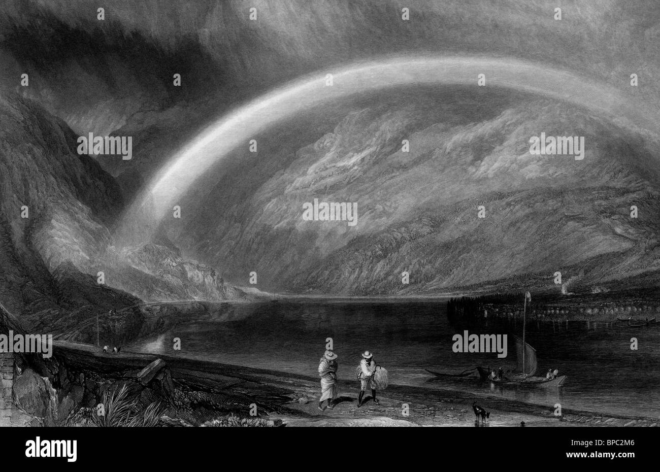 Engraving of rainbow over Rhine river. Germany. Stock Photo