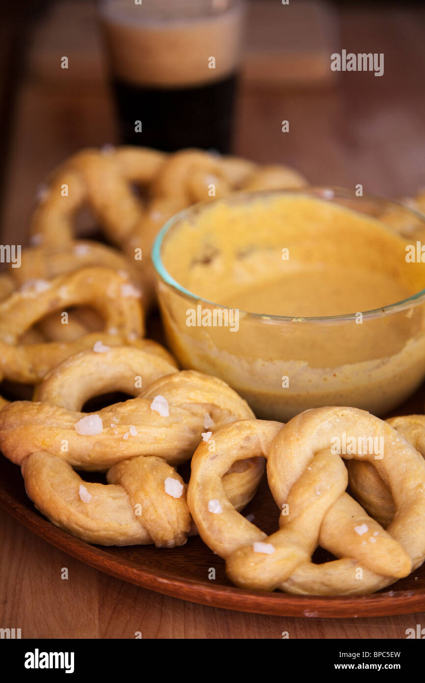 Homemade pretzels with mustard and beer Stock Photo