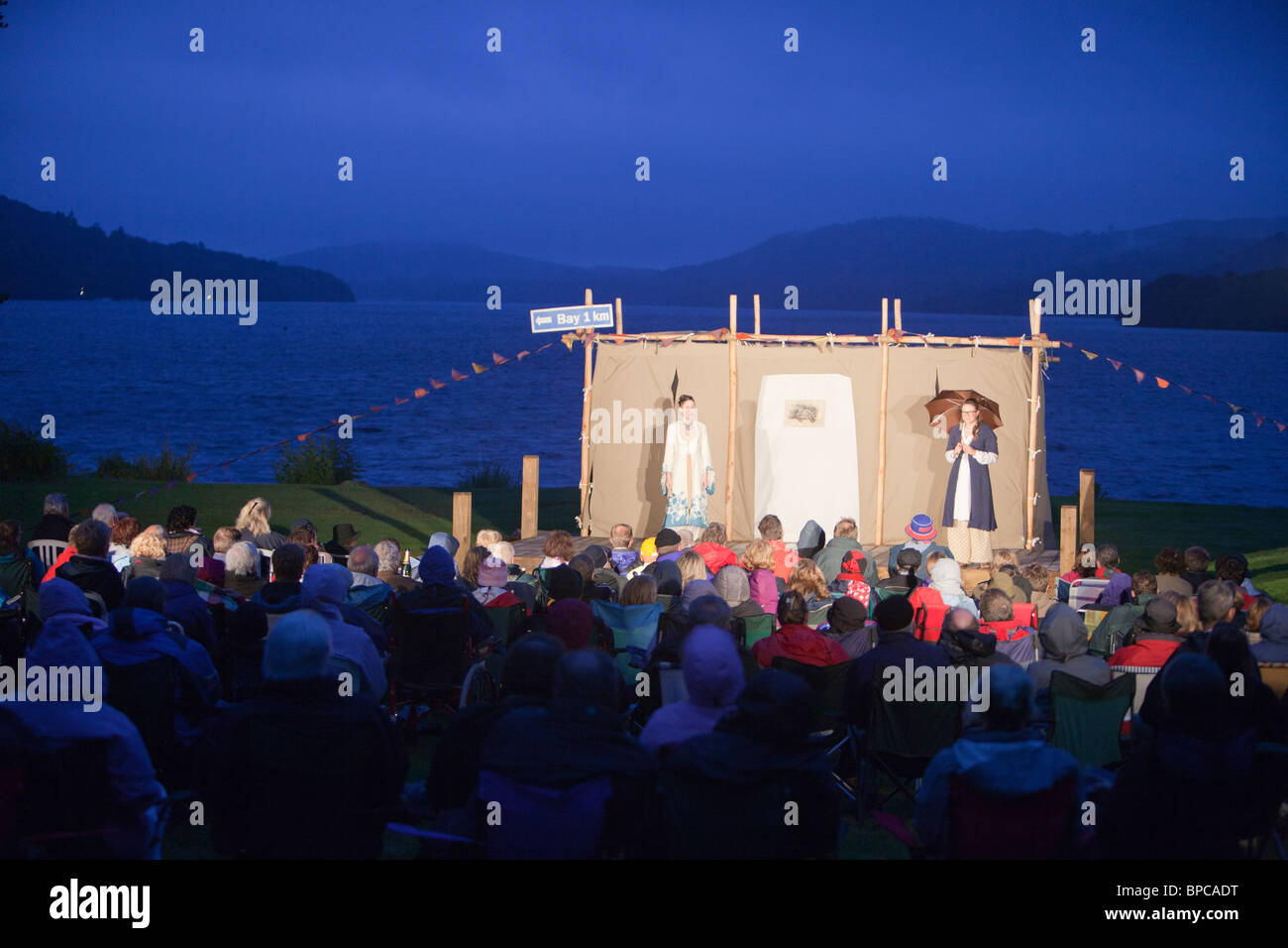 The Globe, touring Shakespear company performing an outdoor prodiction on the shores of Lake Windermere, Lake District, UK. Stock Photo