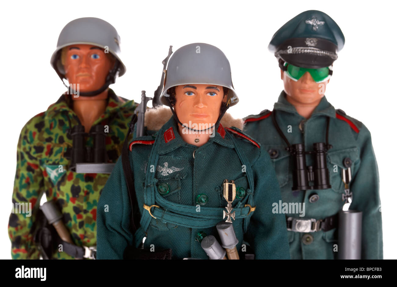 collection vintage german action men including german storm trooper german paratrooper army camp commandant commander officer Stock Photo