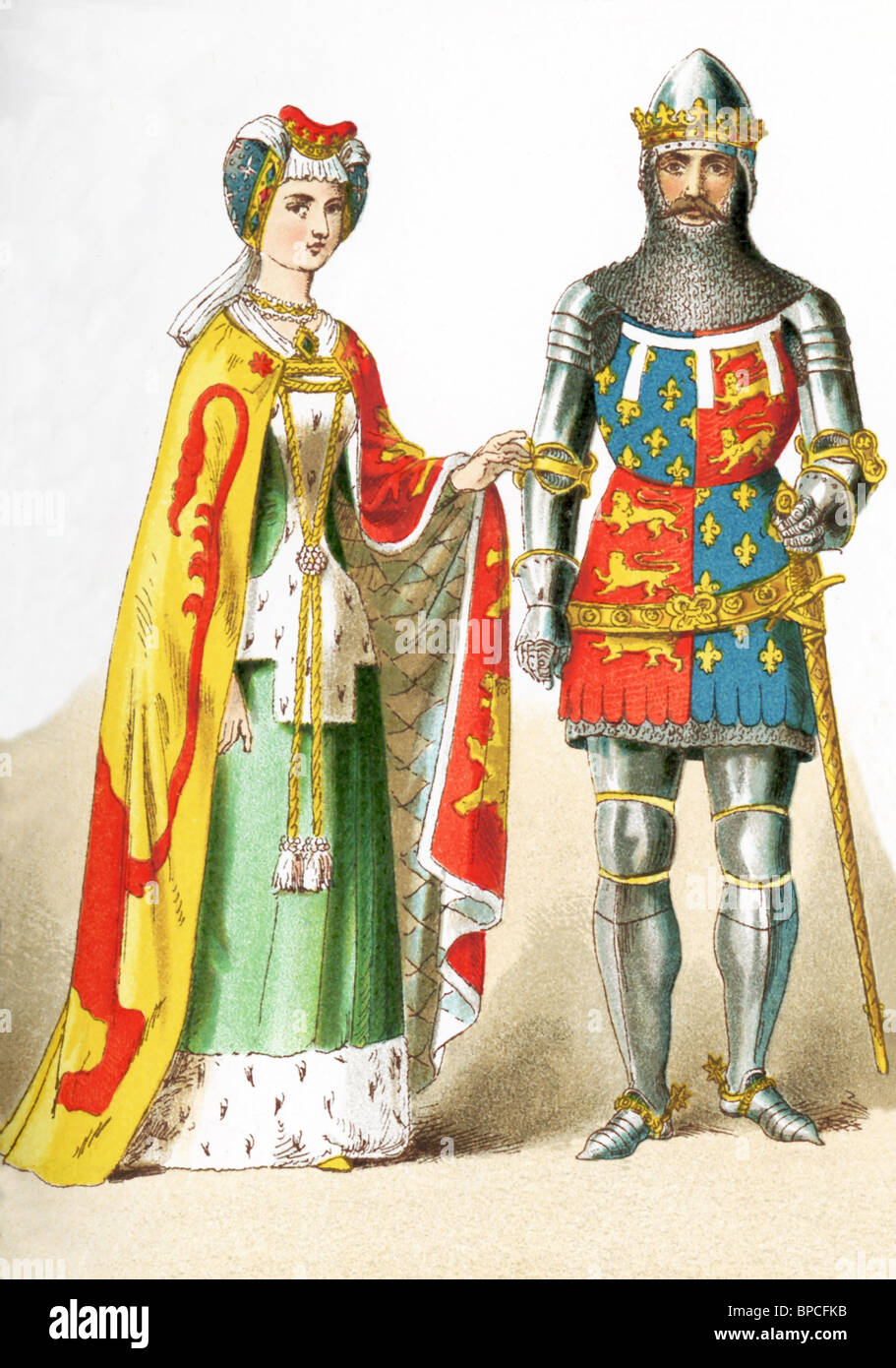 This illustration shows two English people who lived between A.D. 1300 and 1400: a lady of rank and Edward the Black Prince. Stock Photo