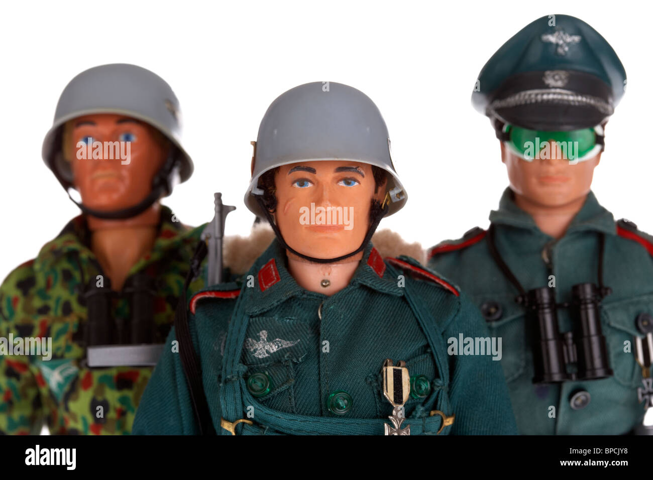 collection vintage german action men including german storm trooper german paratrooper army camp commandant commander officer Stock Photo