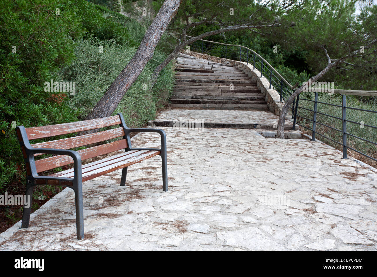 Solitary bench. Cala Blava. Mallorca. Spain Stock Photo