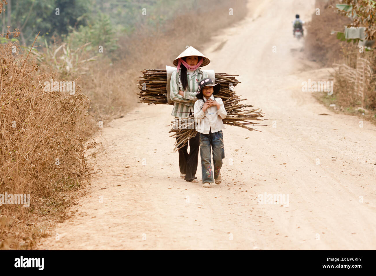 Two Vietnamese walk down a dusty road carrying firewood on their bac Stock Photo