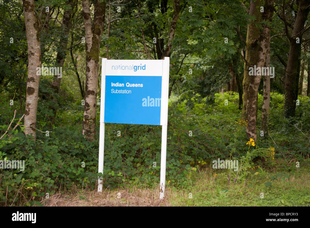 Sign for Indian Queens electricity substation, Cornwall Stock Photo