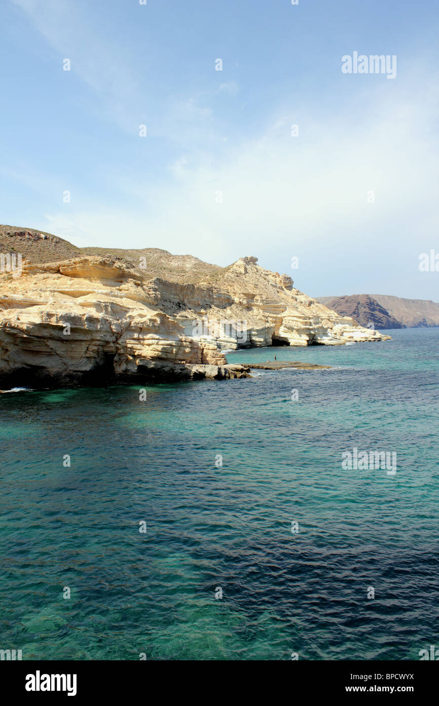 View of the coastline, looking North from El Playazo beach in the direction of Las Negras, Cabo de Gata, Andalusia Spain Stock Photo