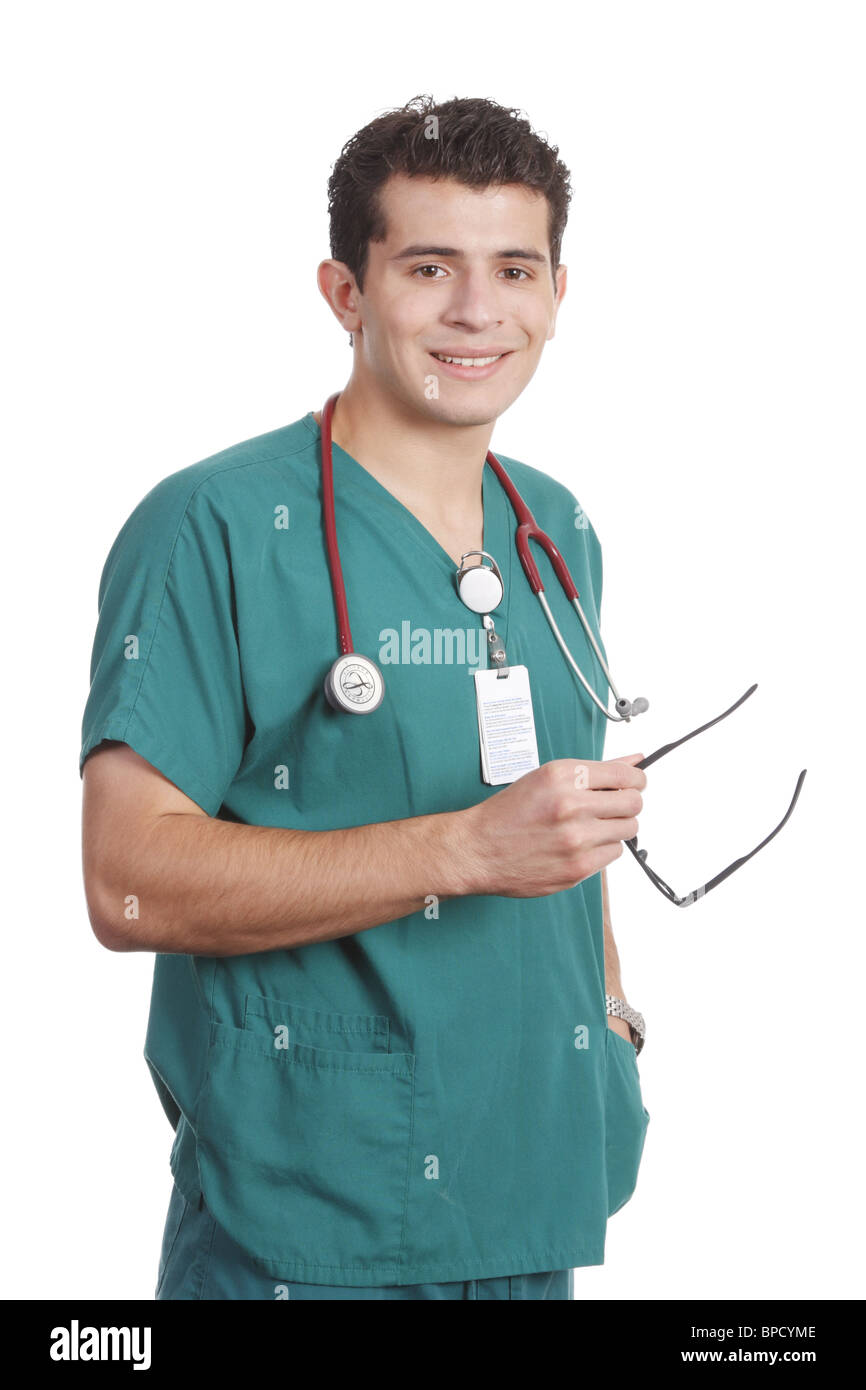 Young attractive nurde with stethoscope and headphones and microphone.  Isolated on white Stock Photo - Alamy